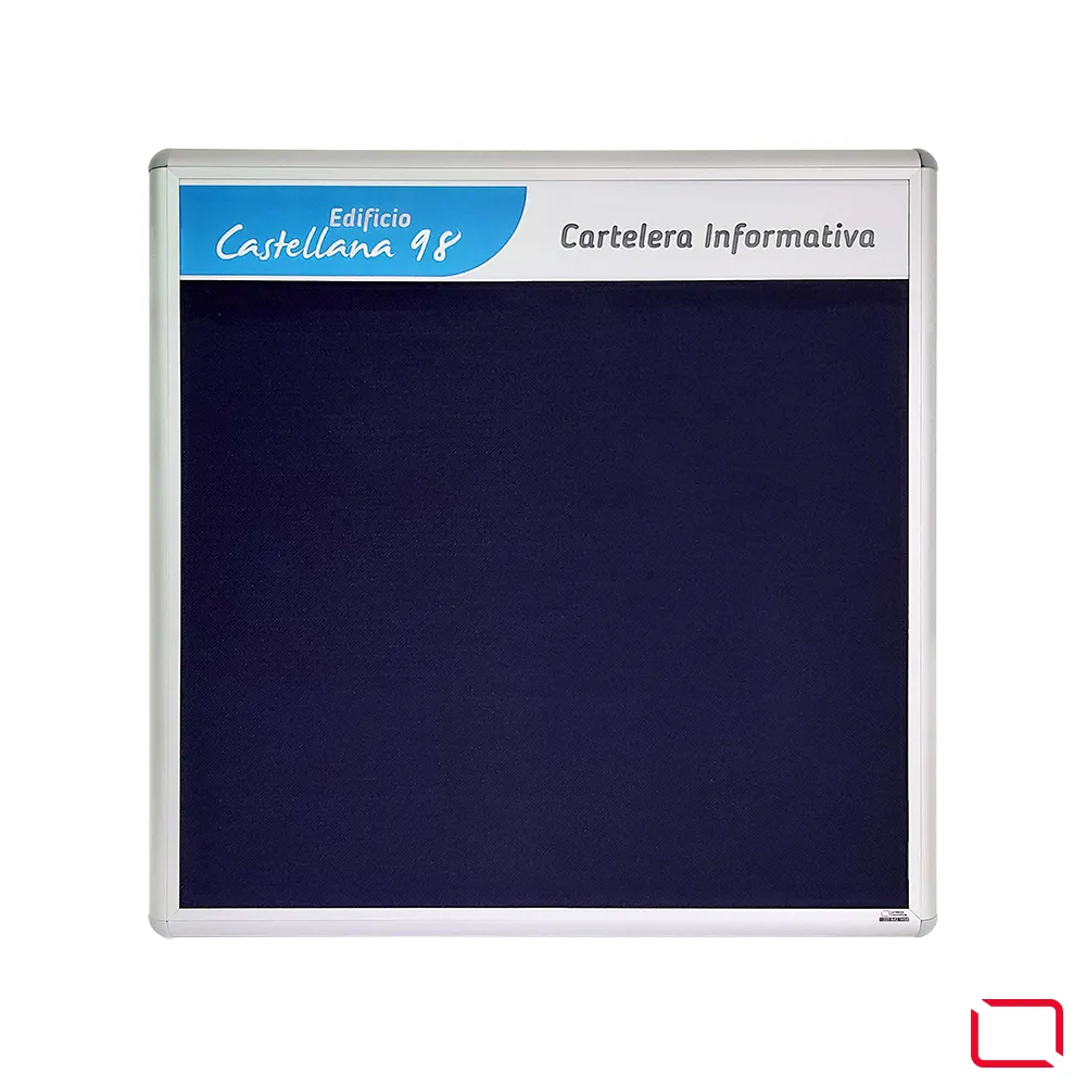 cartelera convencional en corcho forrado en paño y marco en aluminio tamaño 80x80 cms vista frontal