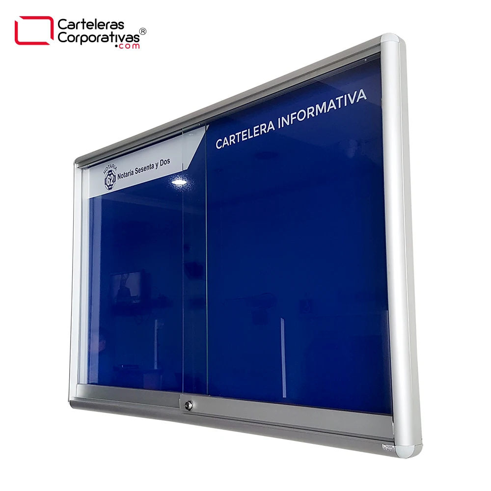 cartelera tipo vitrina magnética tamaño 120x80 cm color azul vista lateral