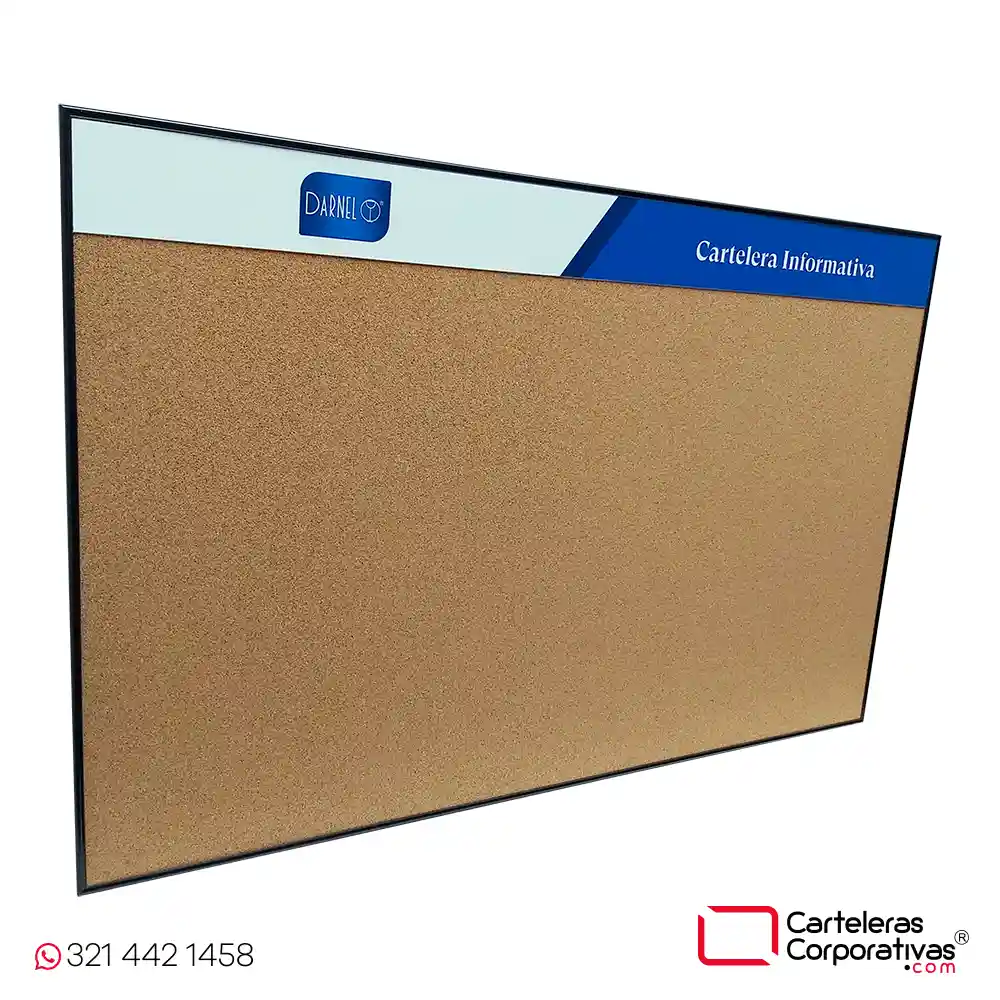 cartelera en corcho a la vista y marco en aluminio negro tamaño 80x60 cm personalizada con logotipo vista lateral