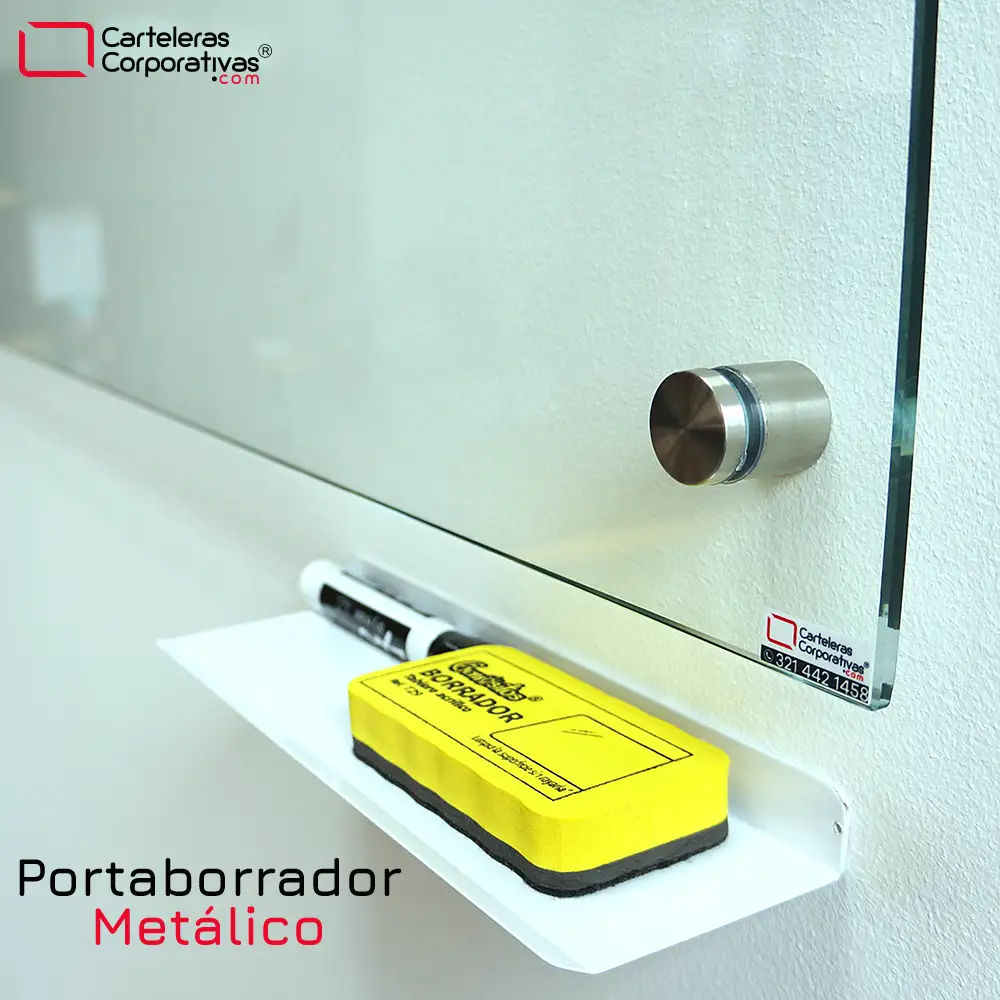 portaborrador metálico con borrador y marcador para tablero en vidrio
