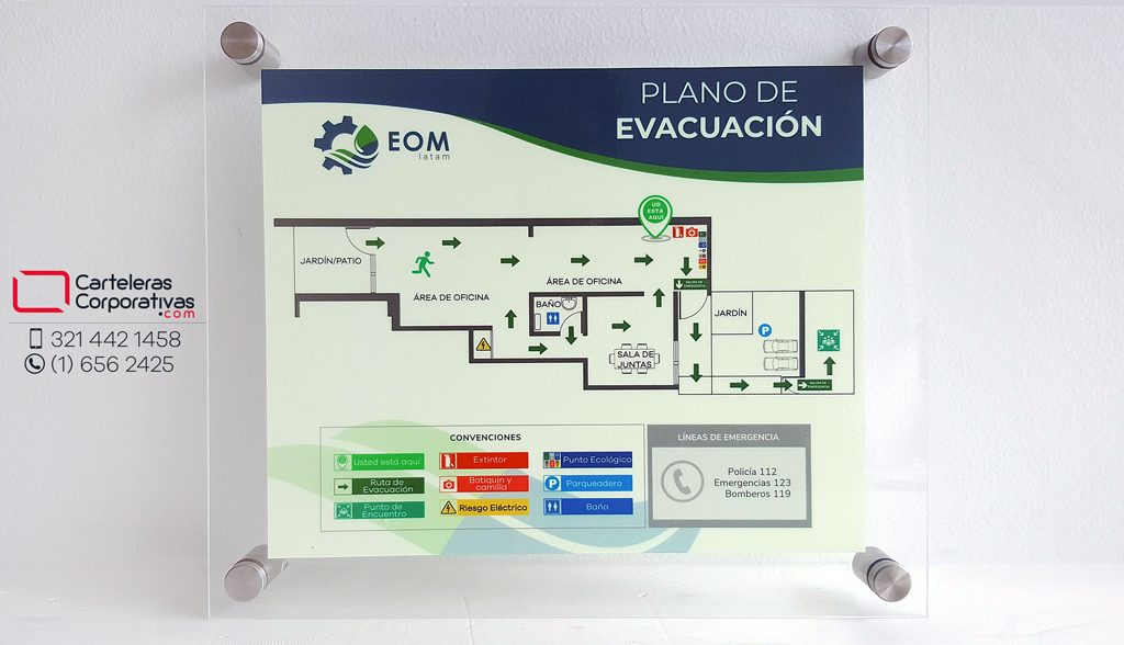 Vista frontal de plano de evacuación para oficina en bogota