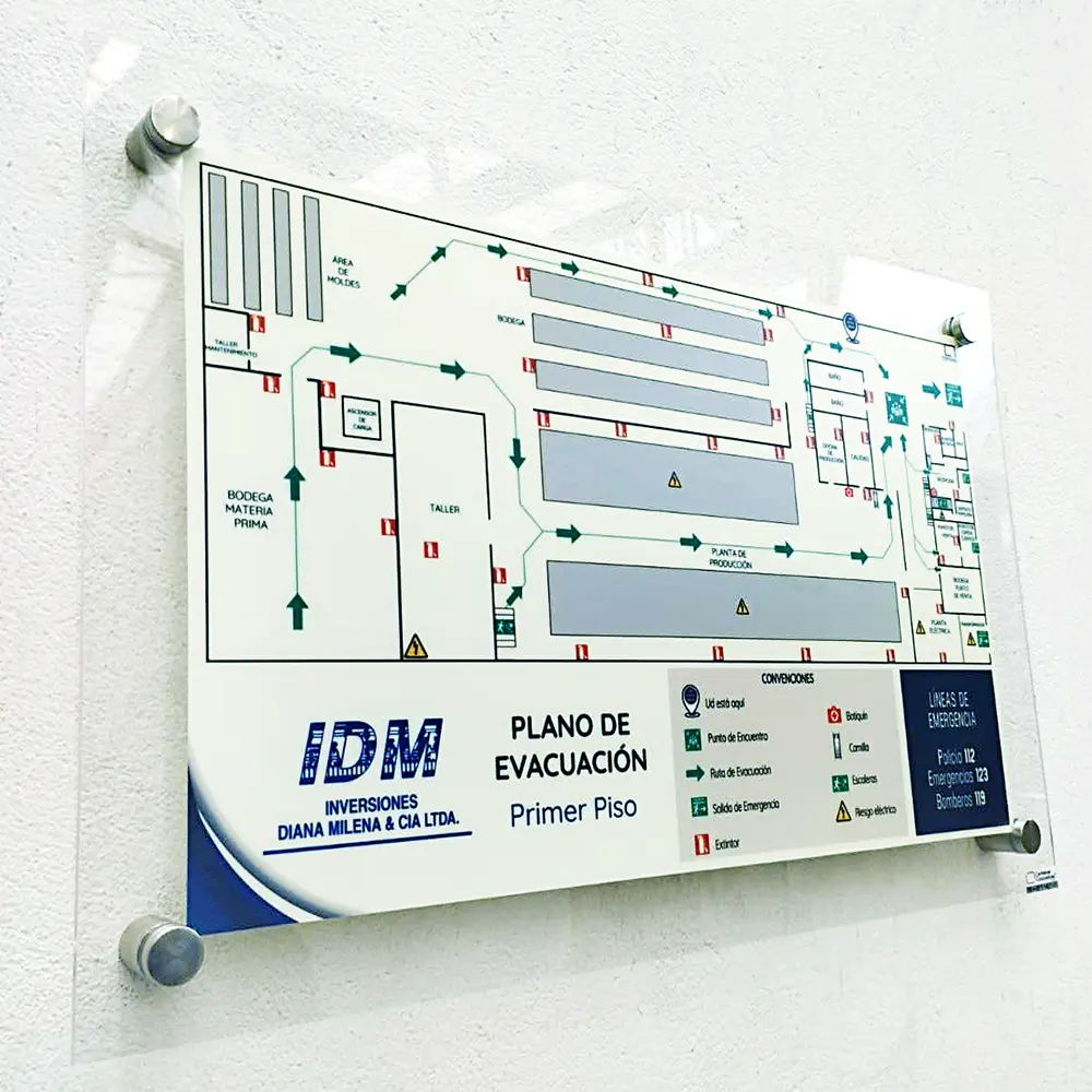 plano de evacuación en acrílico con dilatadores tamaño 70x50 cm vista lateral