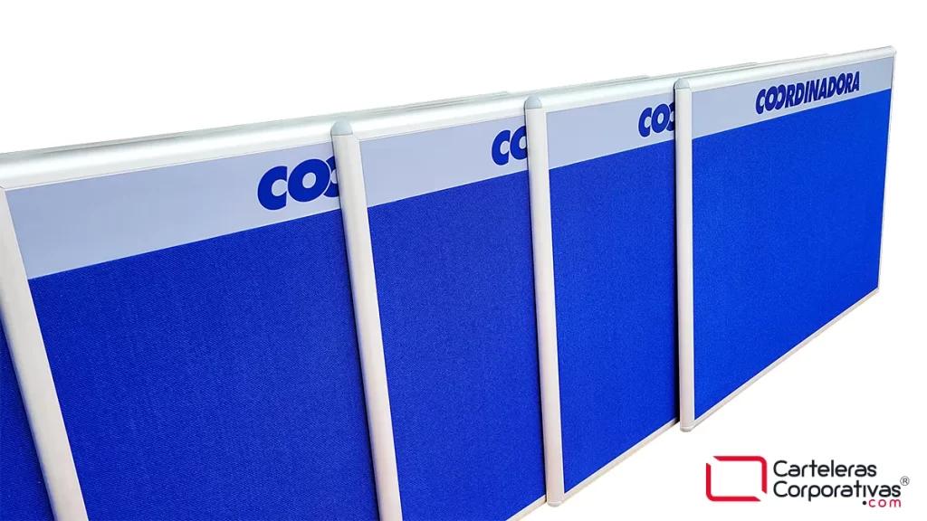 carteleras en corcho forrado en paño color azul para diferentes sedes a nivel nacional de empresa de logistica en colombia